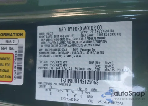 2022 Ford Mustang Ecoboost Premium z USA, uszkodzony, nr VIN 1FATP8UH1N5125063